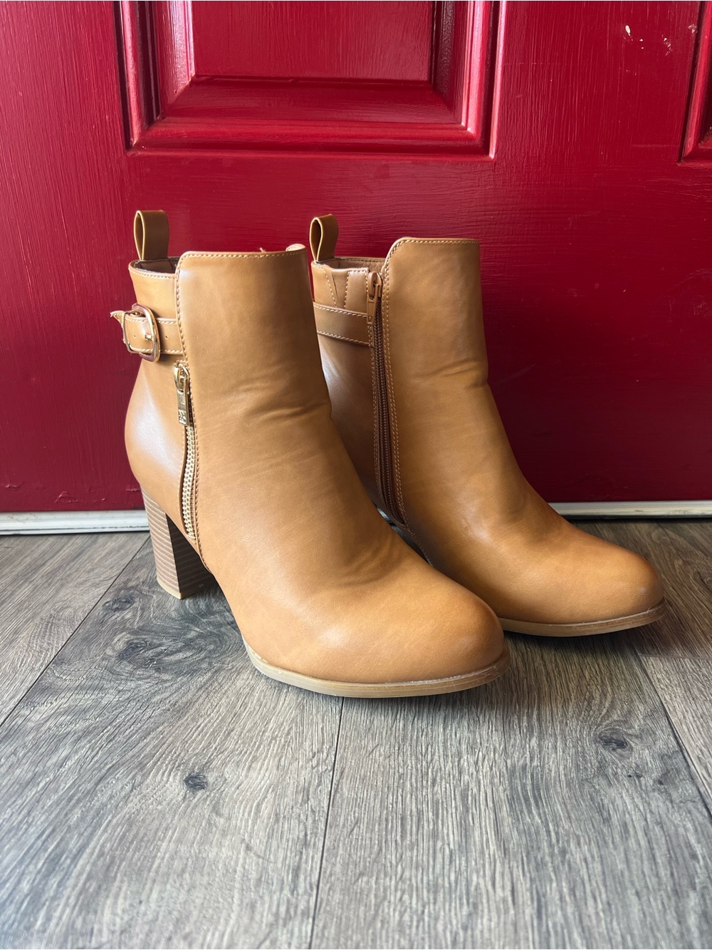 Women's New York & Company Tan Ankle Booties with Side Zip and Buckle